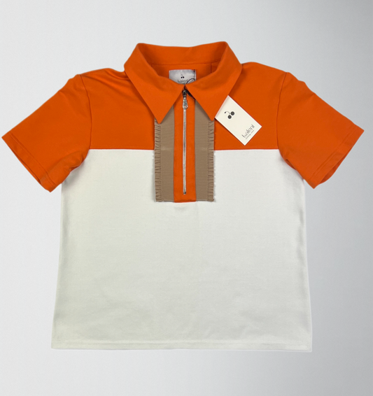 Cotton polo with zipper & ruffle trim