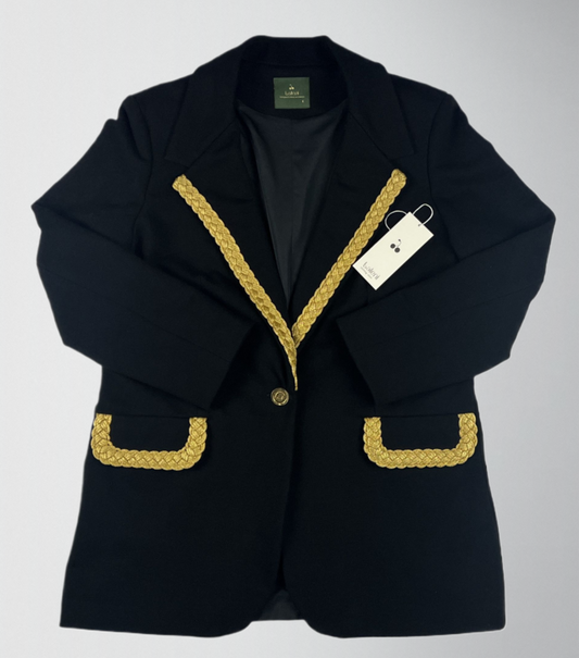 Virgin cotton heavy blazer with gold metallic braid trim