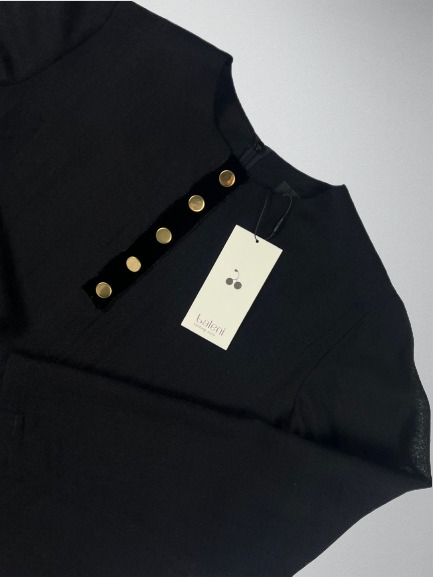 Black light weight wool blouse with vintage gold buttons on velour