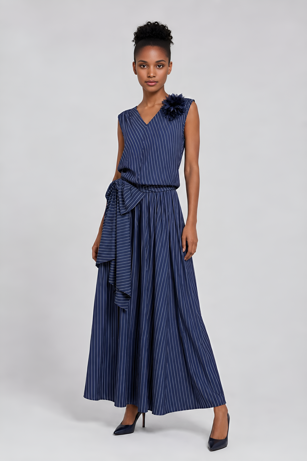 Women's Deep Space Blue Pinstripe Maxi Skirt Set Front View