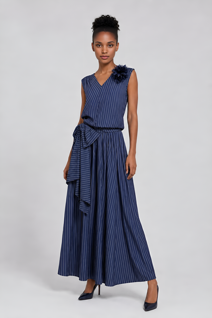 Women's Deep Space Blue Pinstripe Maxi Skirt Set Front View