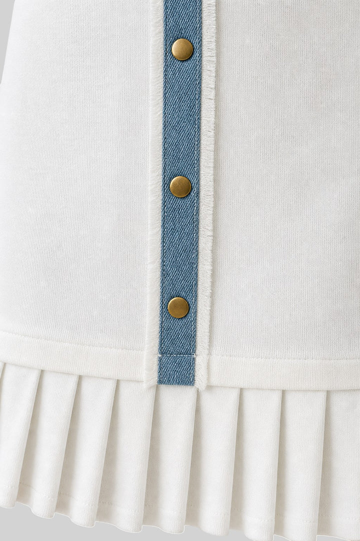 Frayed Denim Trim Pleated Shift Dress