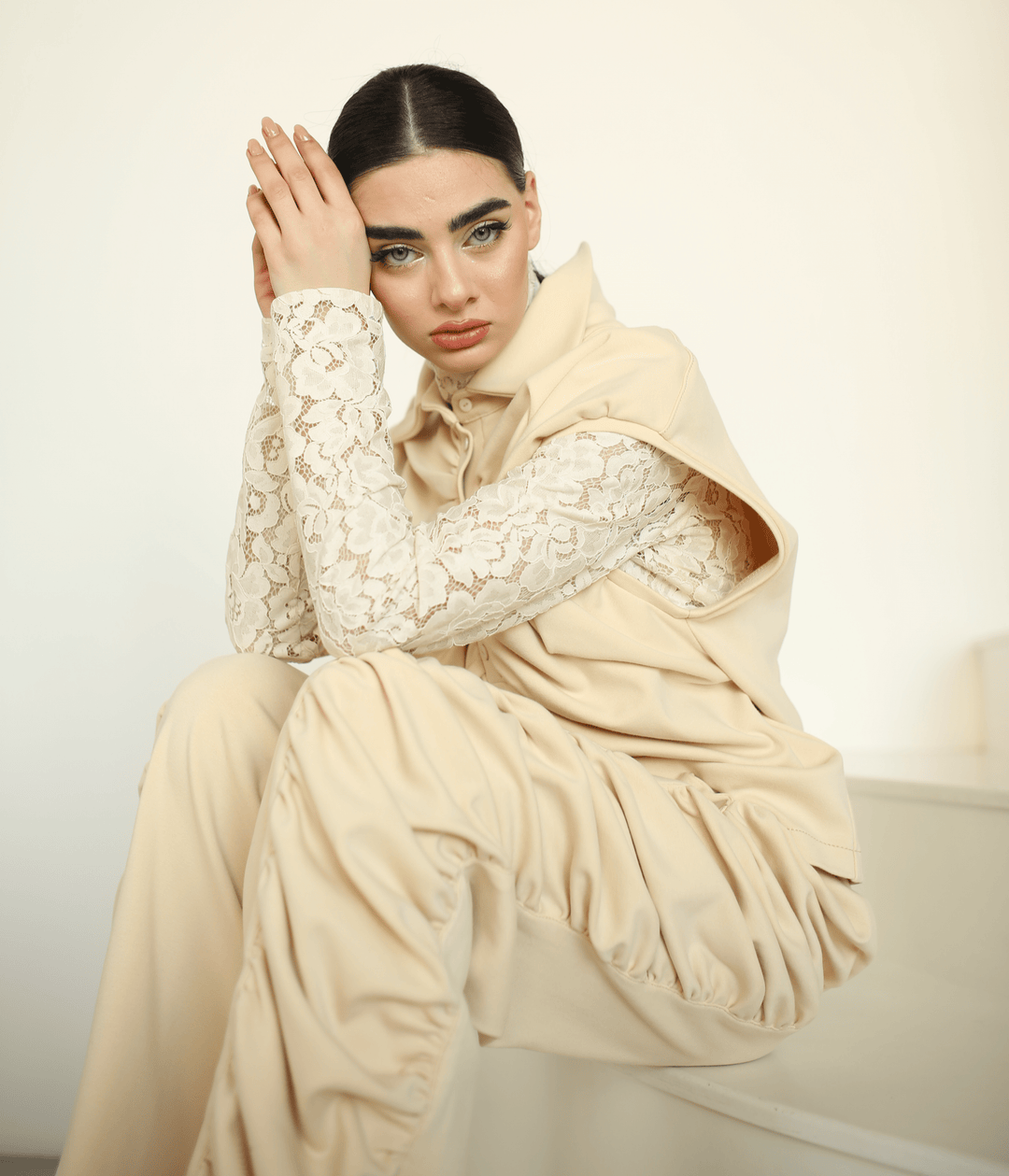 Champagne beige 3 piece set for women with lace blouse