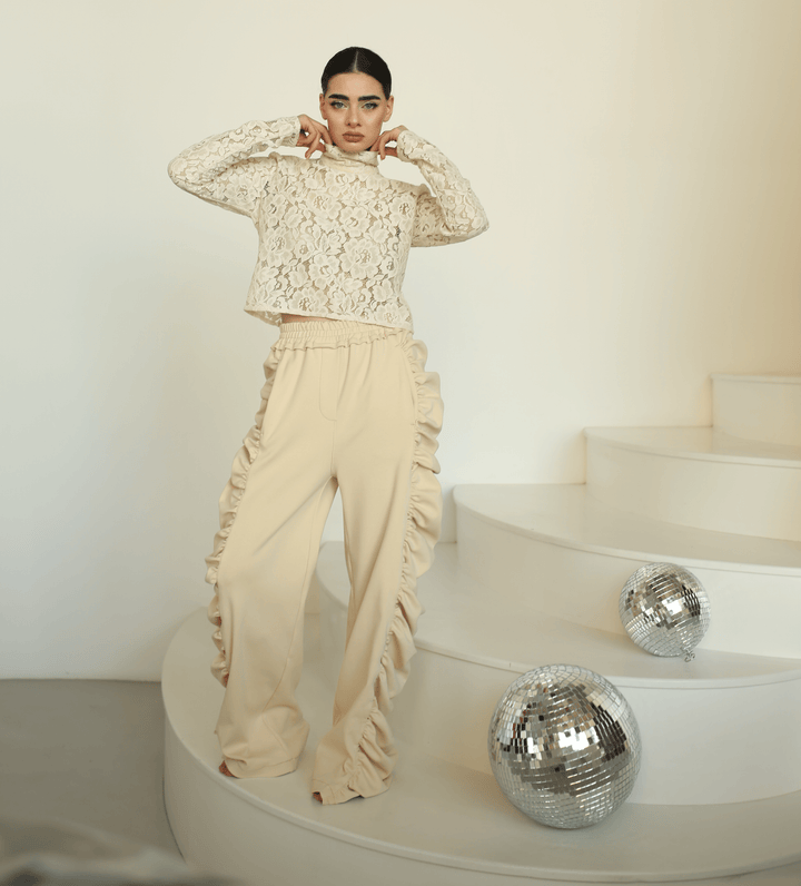 Women's beige vest, lace blouse and wide-leg pants set by Baleni