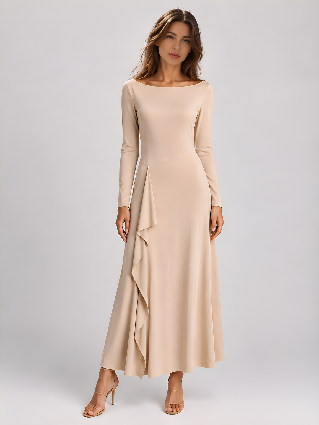 Nude beige off-the-shoulder long sleeve midi dress