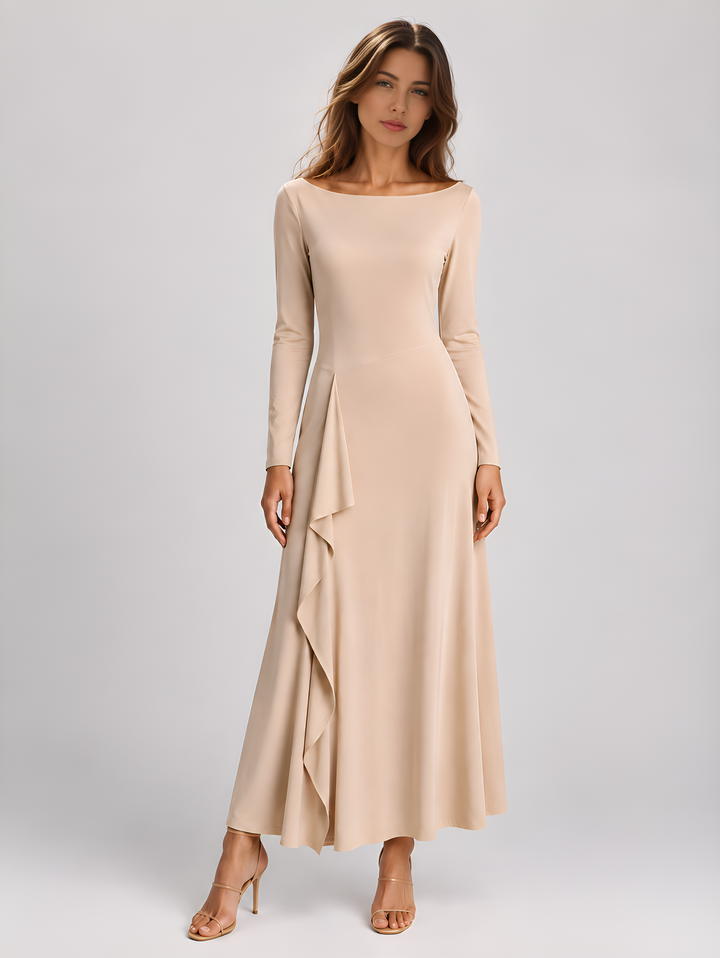 Nude beige off-the-shoulder long sleeve midi dress