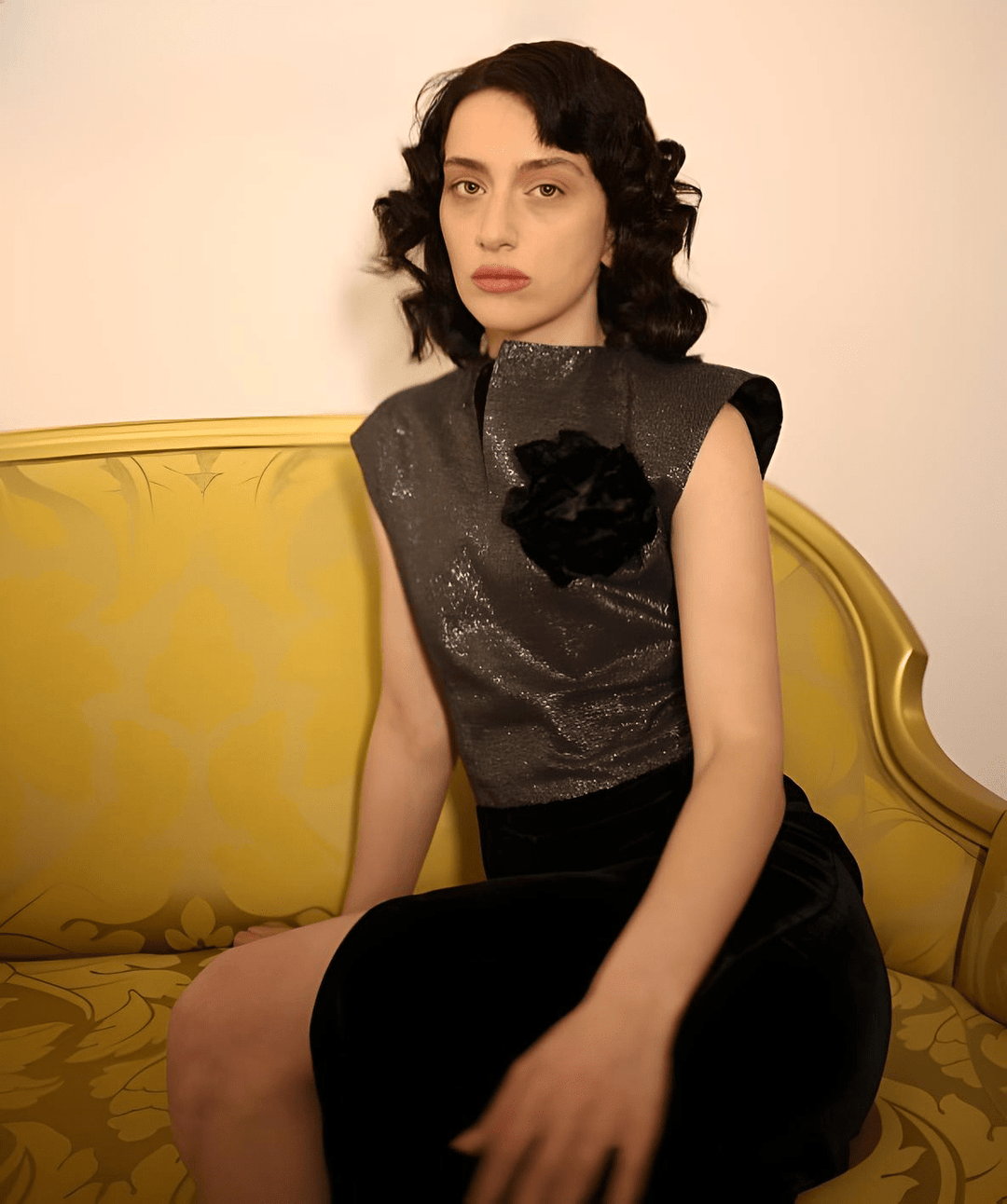 Black and silver evening gown with silk velvet bodice and high slit - Baleni