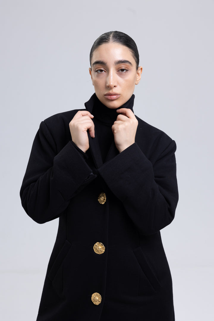 Black coat with gold metal flower-style buttons - Baleni