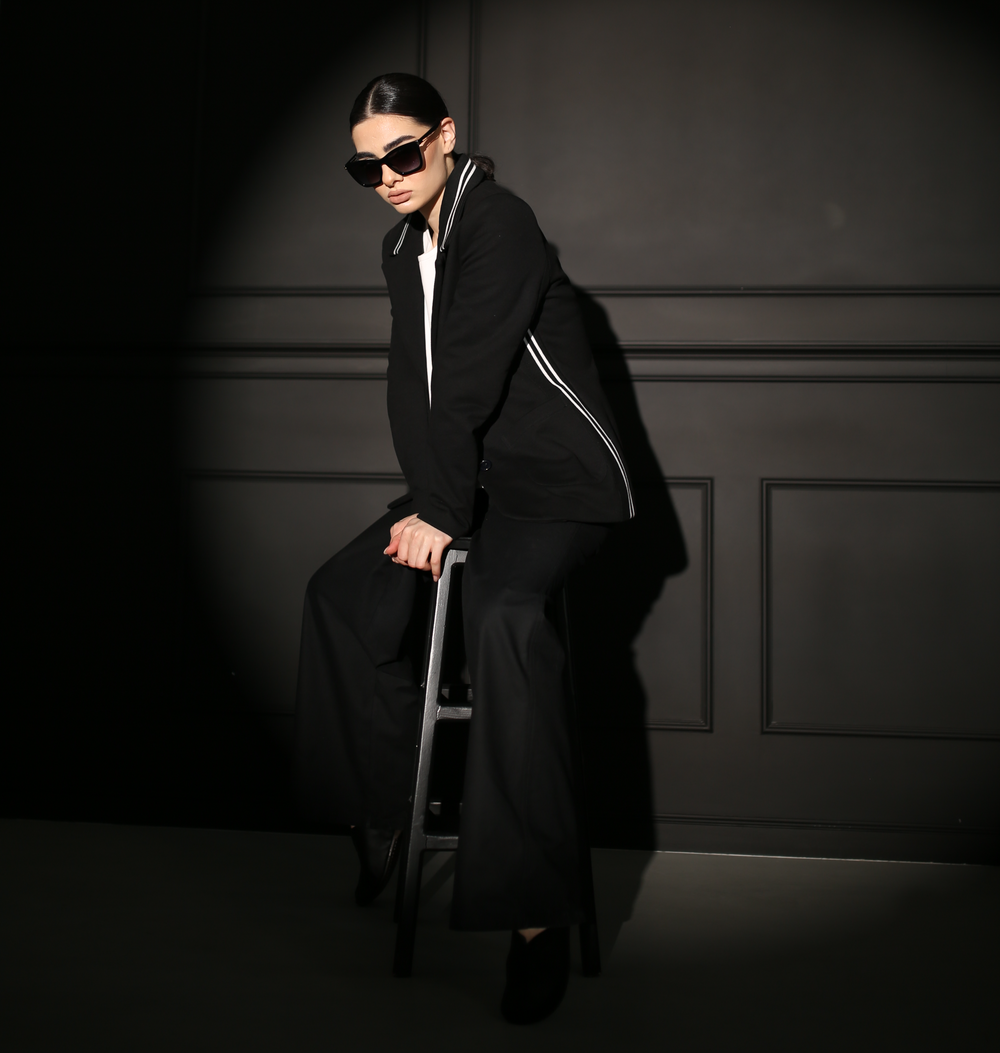 Black cotton blazer for women with ribbed notched collar and two-button front - Baleni