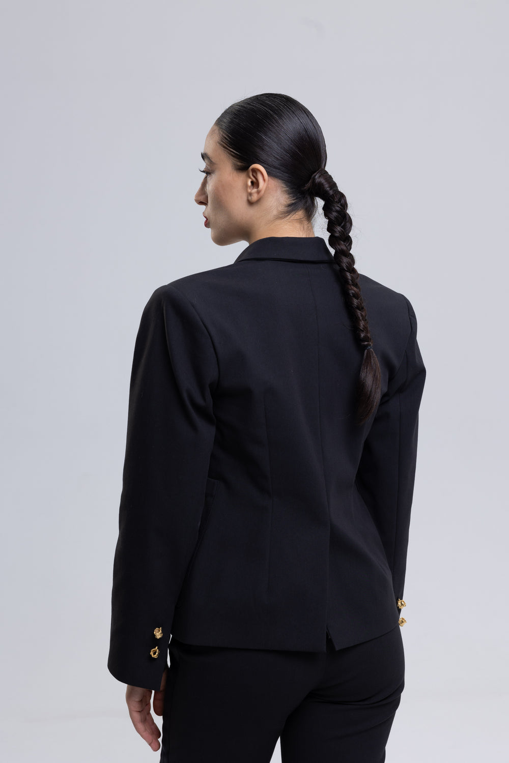Black cropped pant suit with satin side trims on the trousers - Baleni