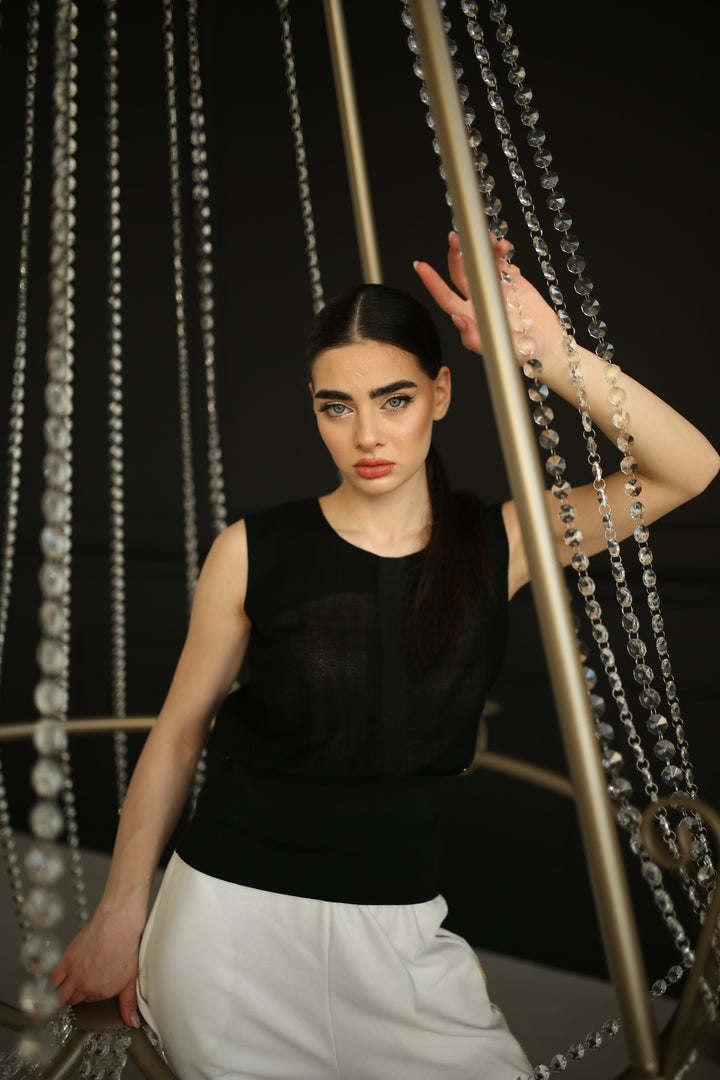 Black fitted wool blouse with mohair trim - Baleni
