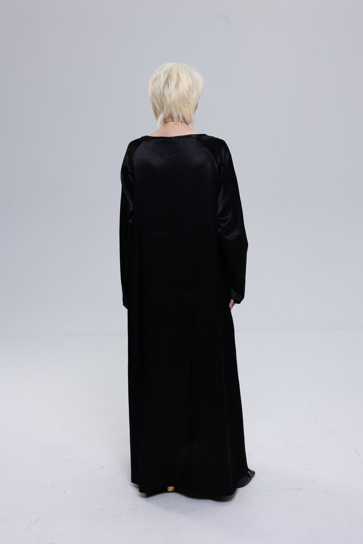 Black long sleeve maxi dress in viscose satin - Baleni