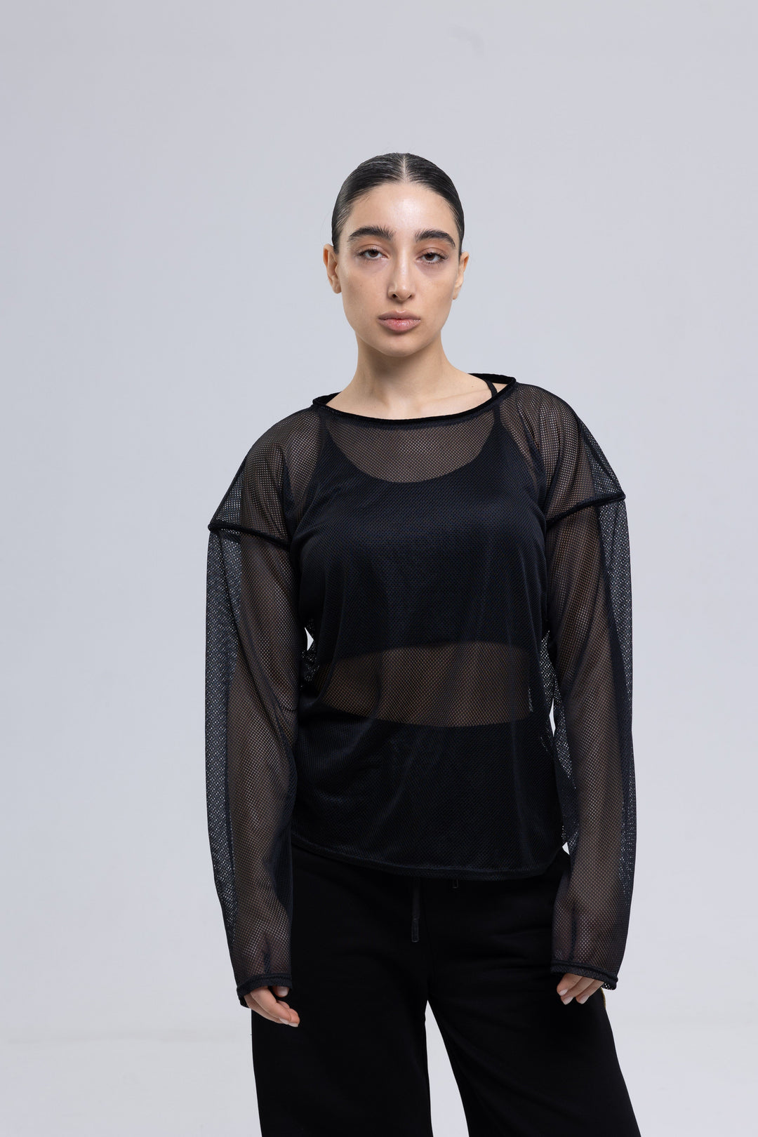 Black mesh long sleeve top with velvet trim