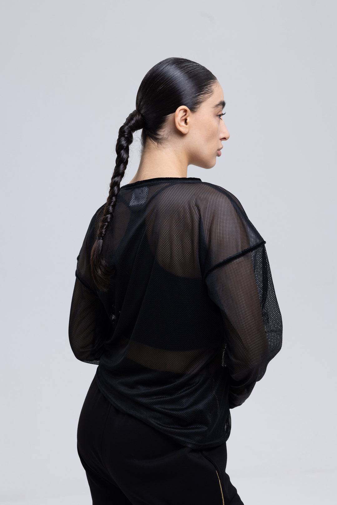 Black mesh long sleeve top made in Armenia