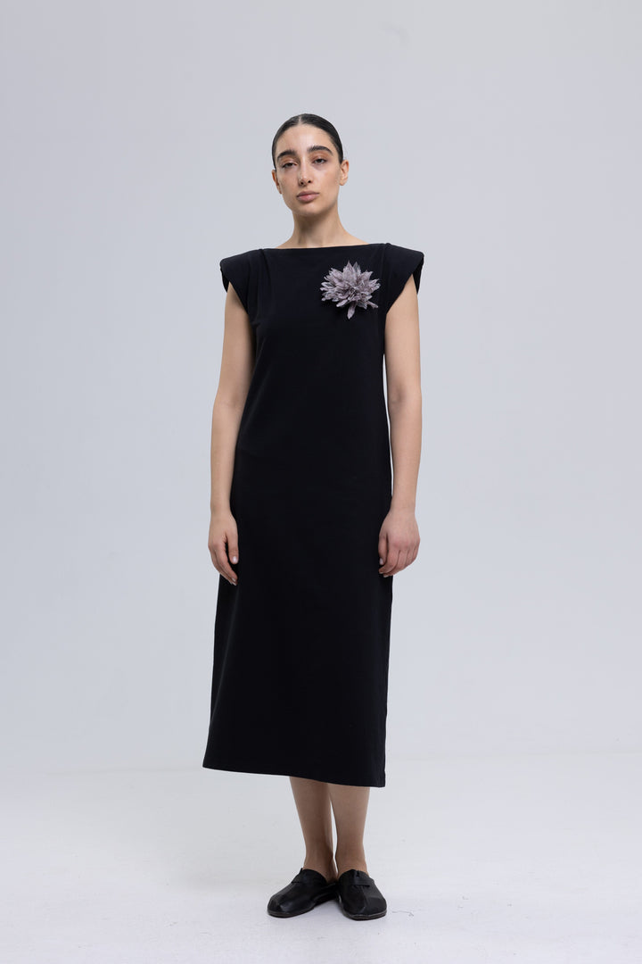 Black midi dress with handmade appliqué