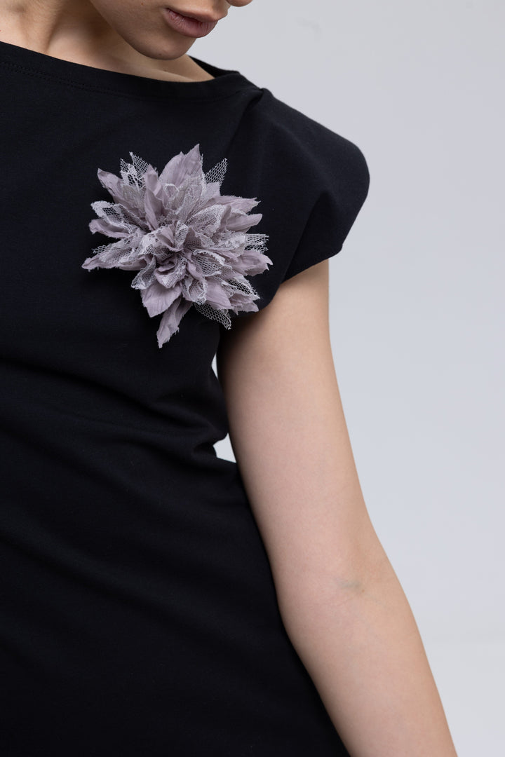 Black French terry midi dress with appliqué detail