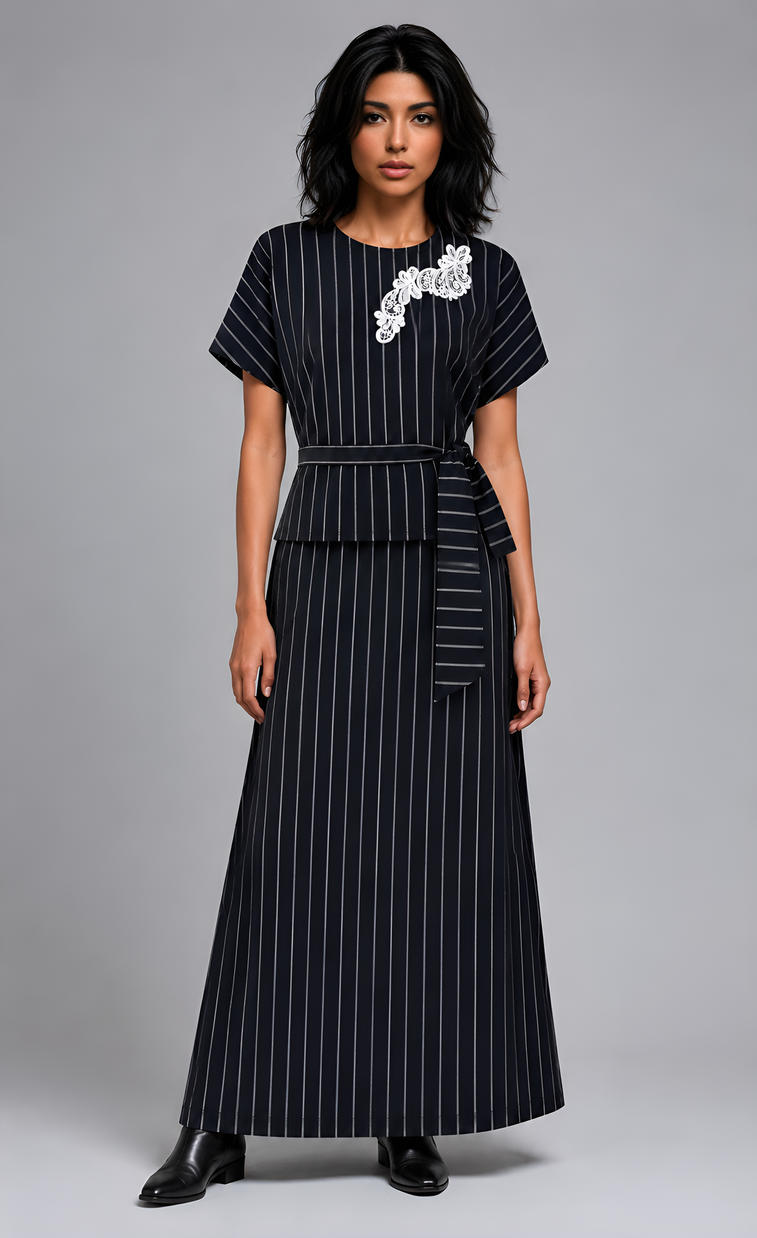 Black pinstripe skirt set with floral lace appliqué