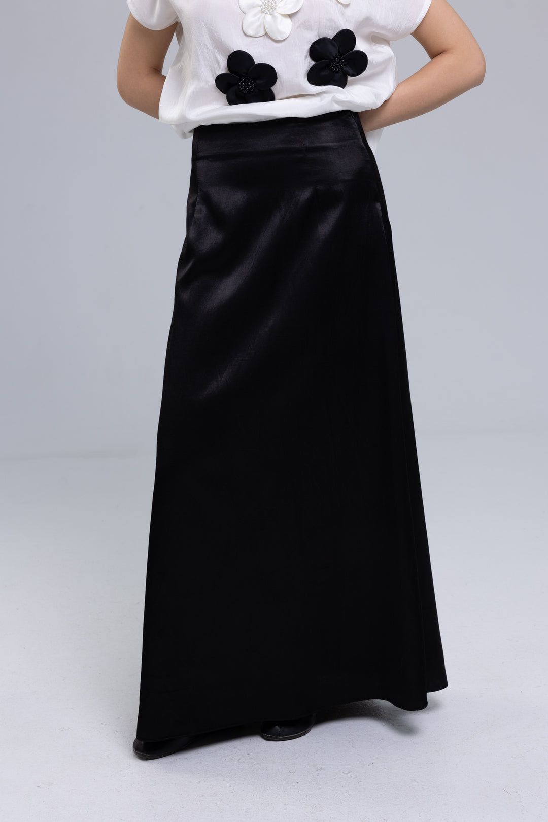 Black satin A-line maxi skirt