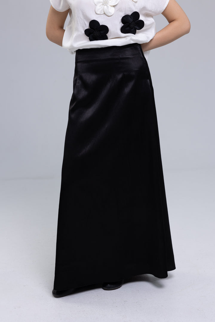 Black satin A-line maxi skirt