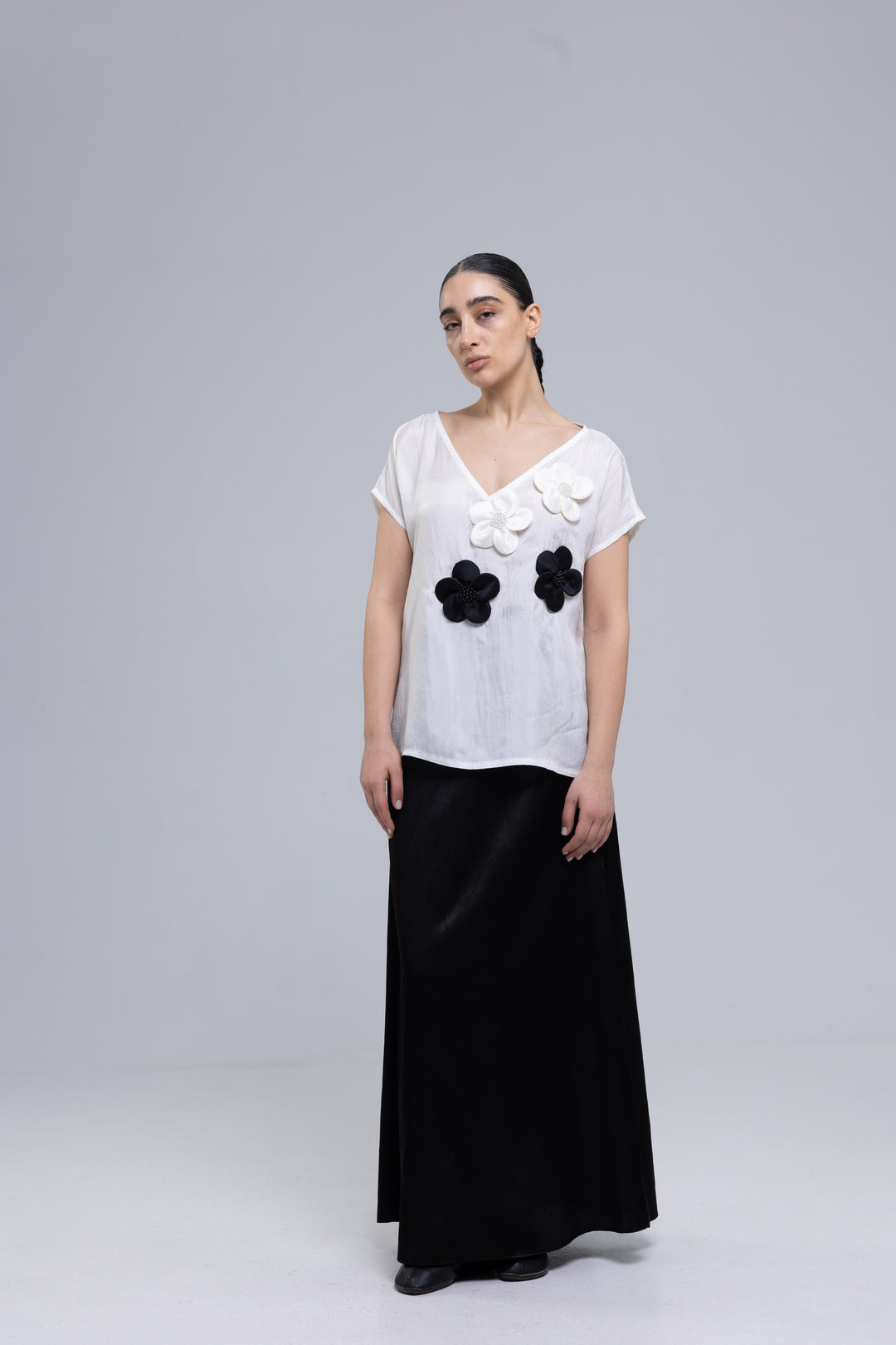 Black satin maxi skirt with high waist