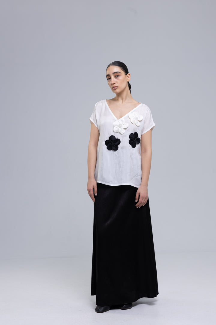Black satin maxi skirt with high waist