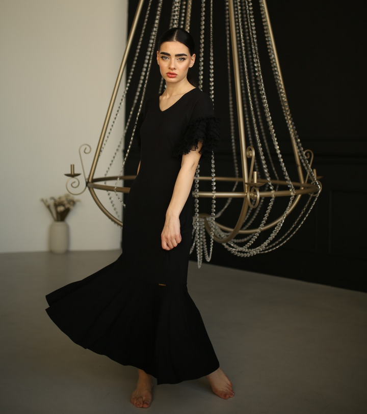 Women's black maxi dress with lace ruffle sleeves by Baleni