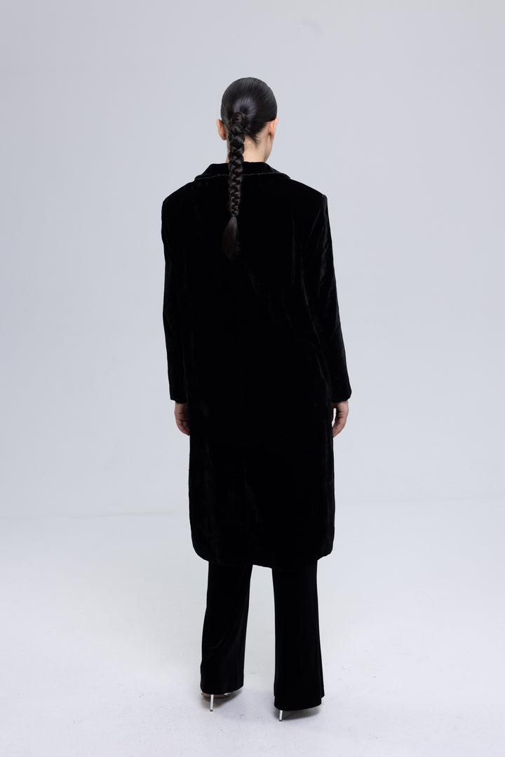 Black silk velvet coat with floral appliqué, single-breasted midi length - Baleni