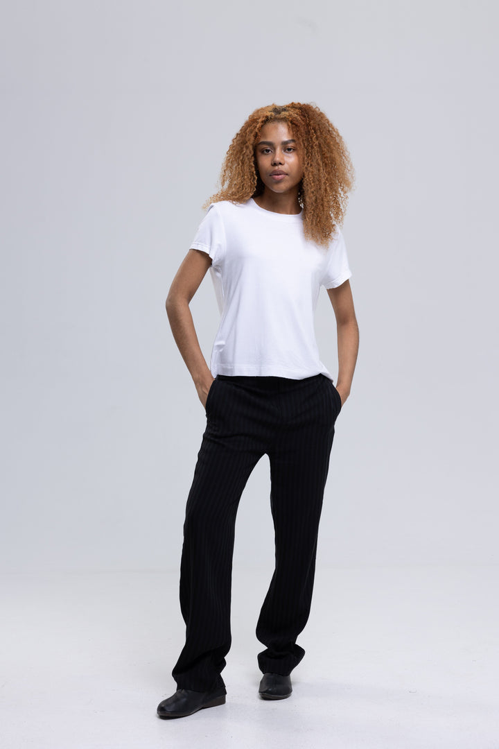 Black two-tone striped cropped trousers for women