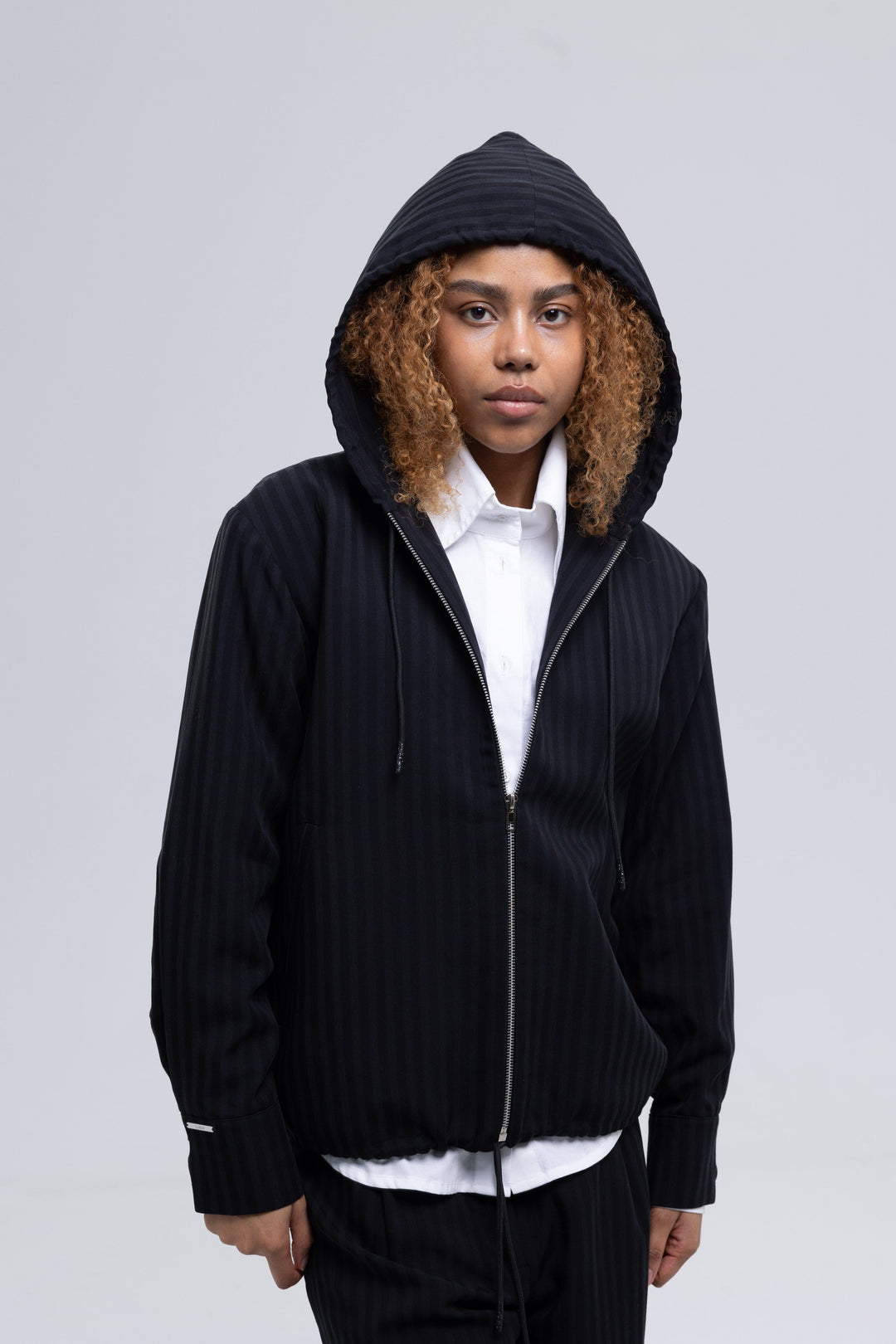 Black striped zip-up hoodie with drawstring hood