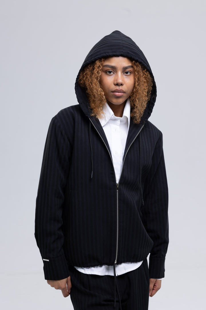 Black striped zip-up hoodie with drawstring hood