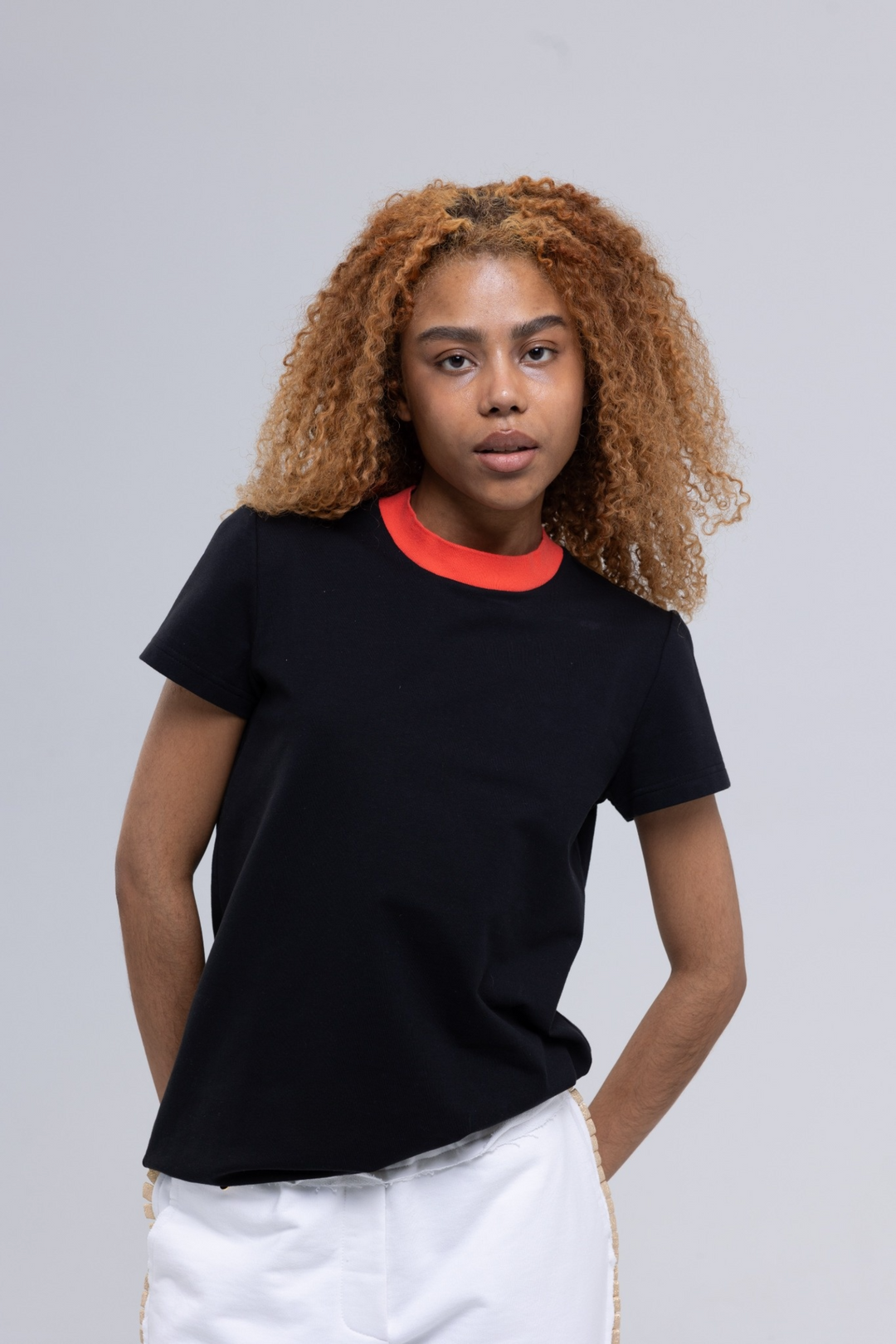 Black cotton t-shirt for women with red rib neckline