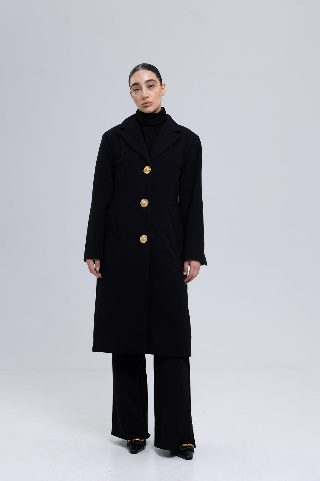 Black tailored overcoat for women in heavy virgin cotton - Baleni