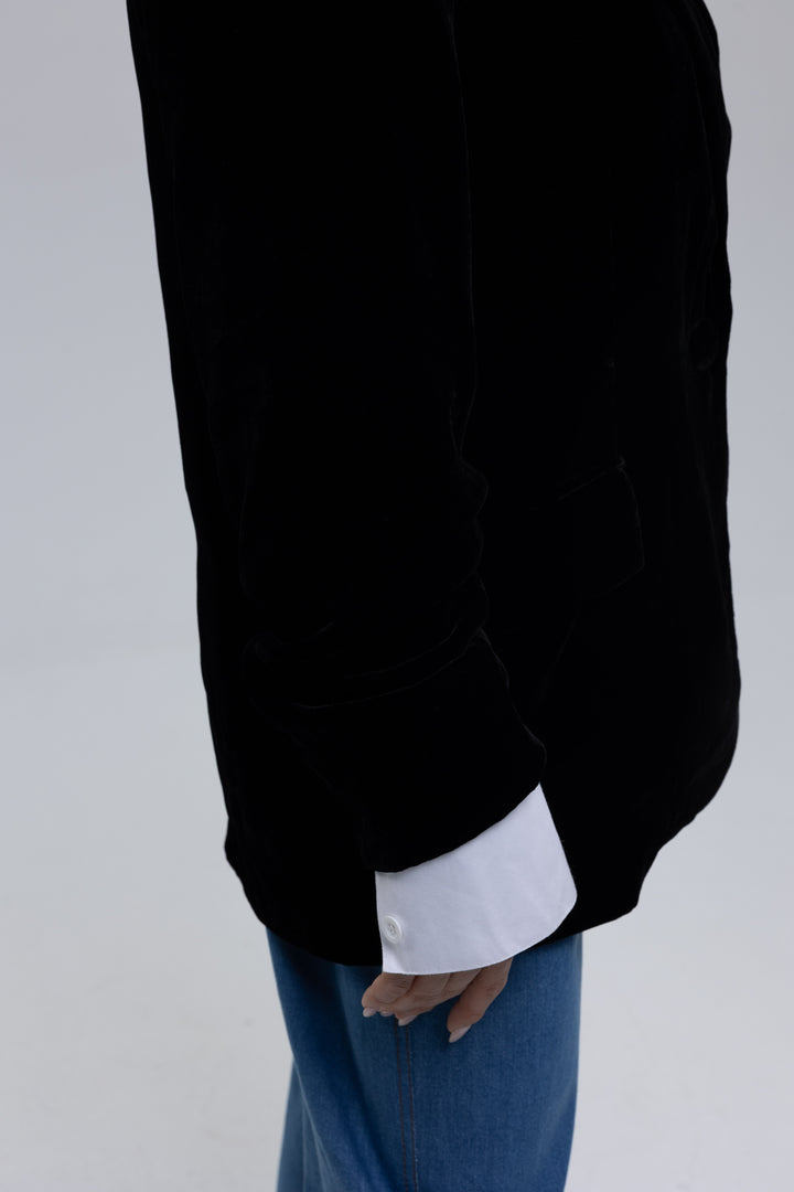 Black mulberry silk velvet blazer, made in Armenia - Baleni