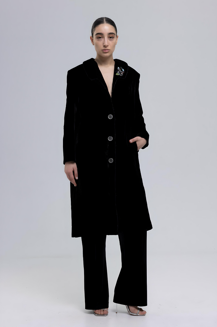 Black velvet coat for women in mulberry silk velvet with floral appliqué - Baleni