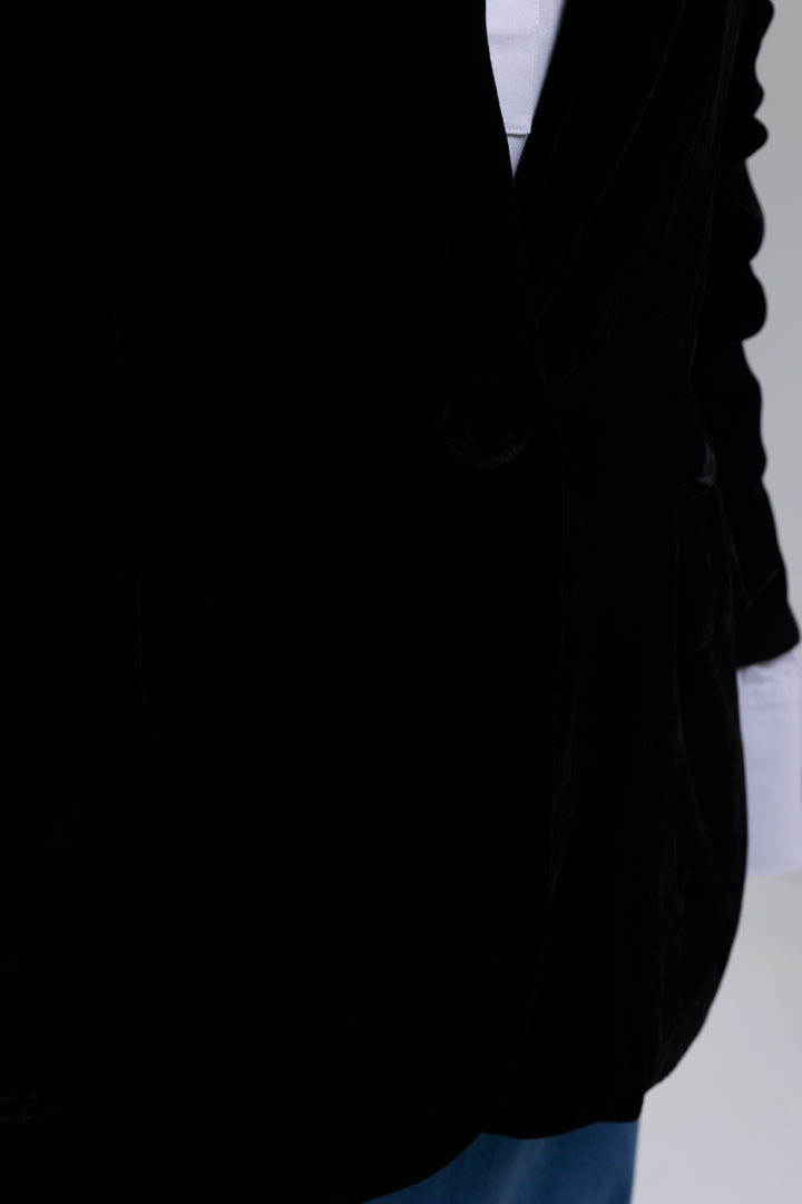 Black velvet jacket for women, single-breasted with pockets - Baleni
