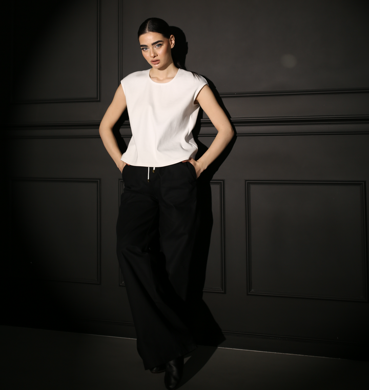 Black wide-leg drawstring pants in cotton canvas