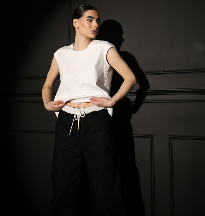 Black wide leg pants with drawstring waistband