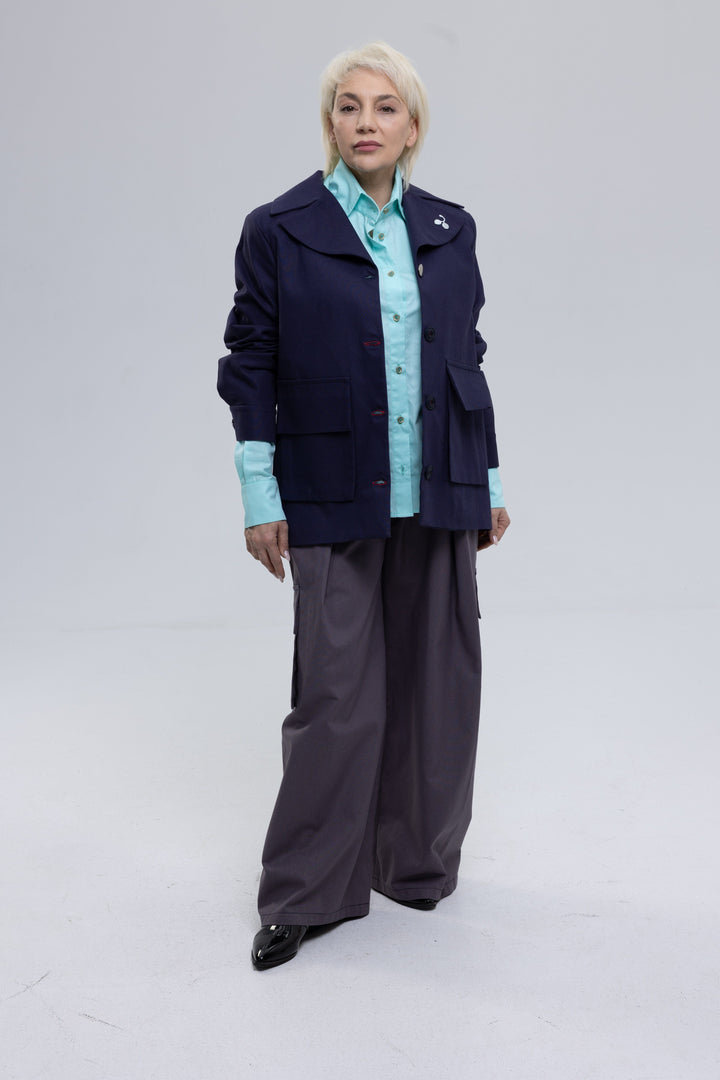 Women's blue oversized blazer with flap pockets by Baleni