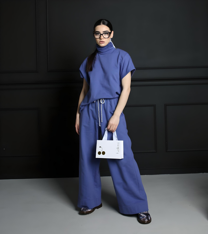 Indigo blue two piece set with zip-neck top and wide-leg pants