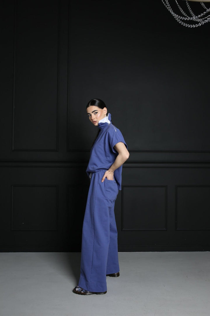 Indigo blue top with high side zip neckline
