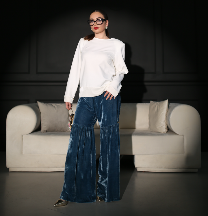 Navy blue silk velvet pants for women - Baleni