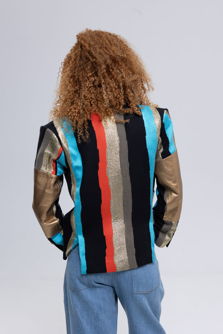Boxy blazer with gold genuine leather sleeve panels - Baleni