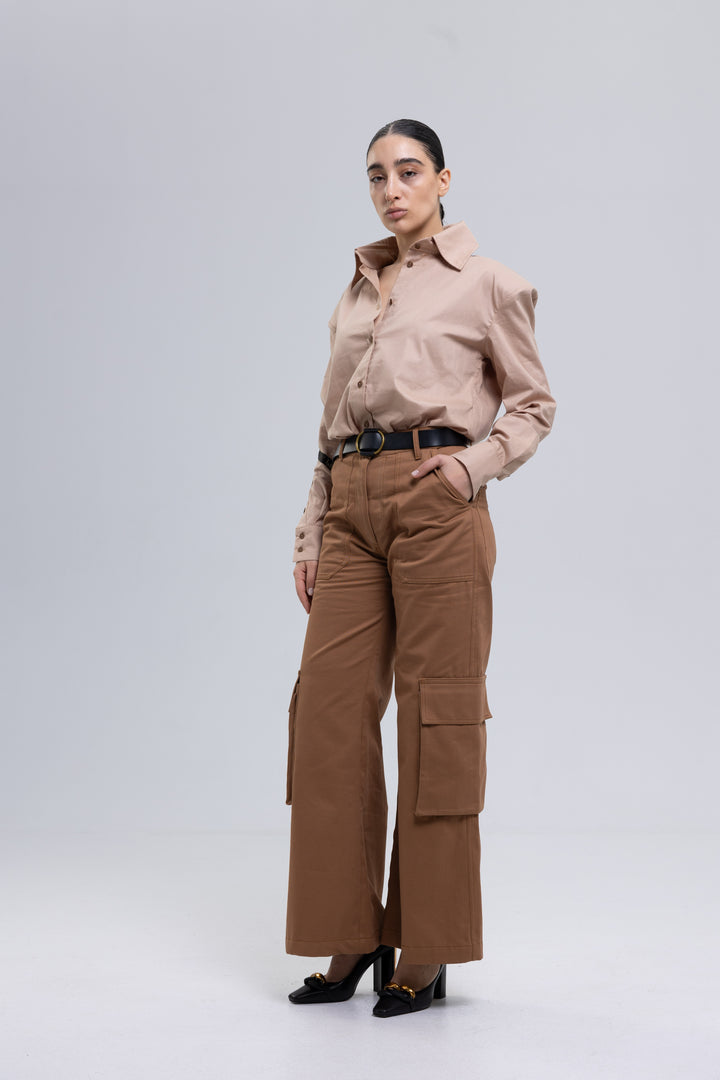 Brown cargo pants for women in cotton twill - Baleni