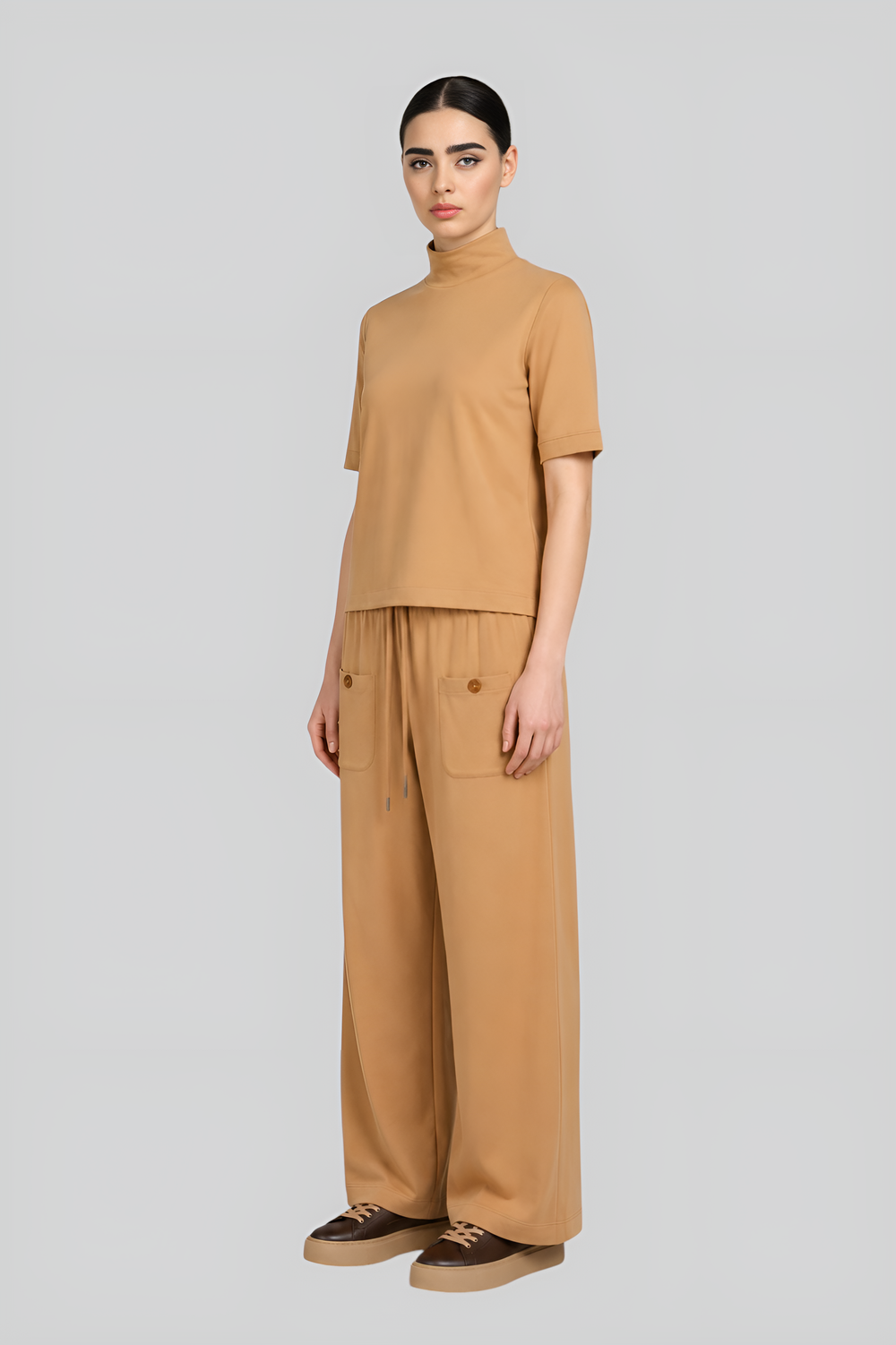 Women's brown bamboo jersey top and pants by Baleni