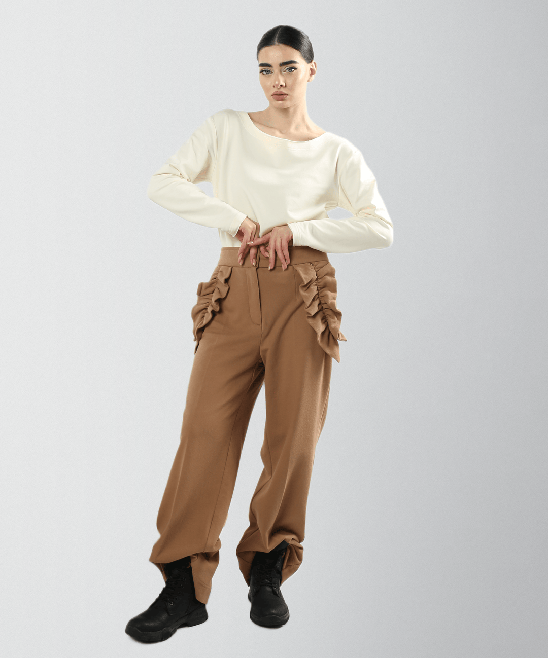 Dark bronze wide-leg pants with ruffle pockets
