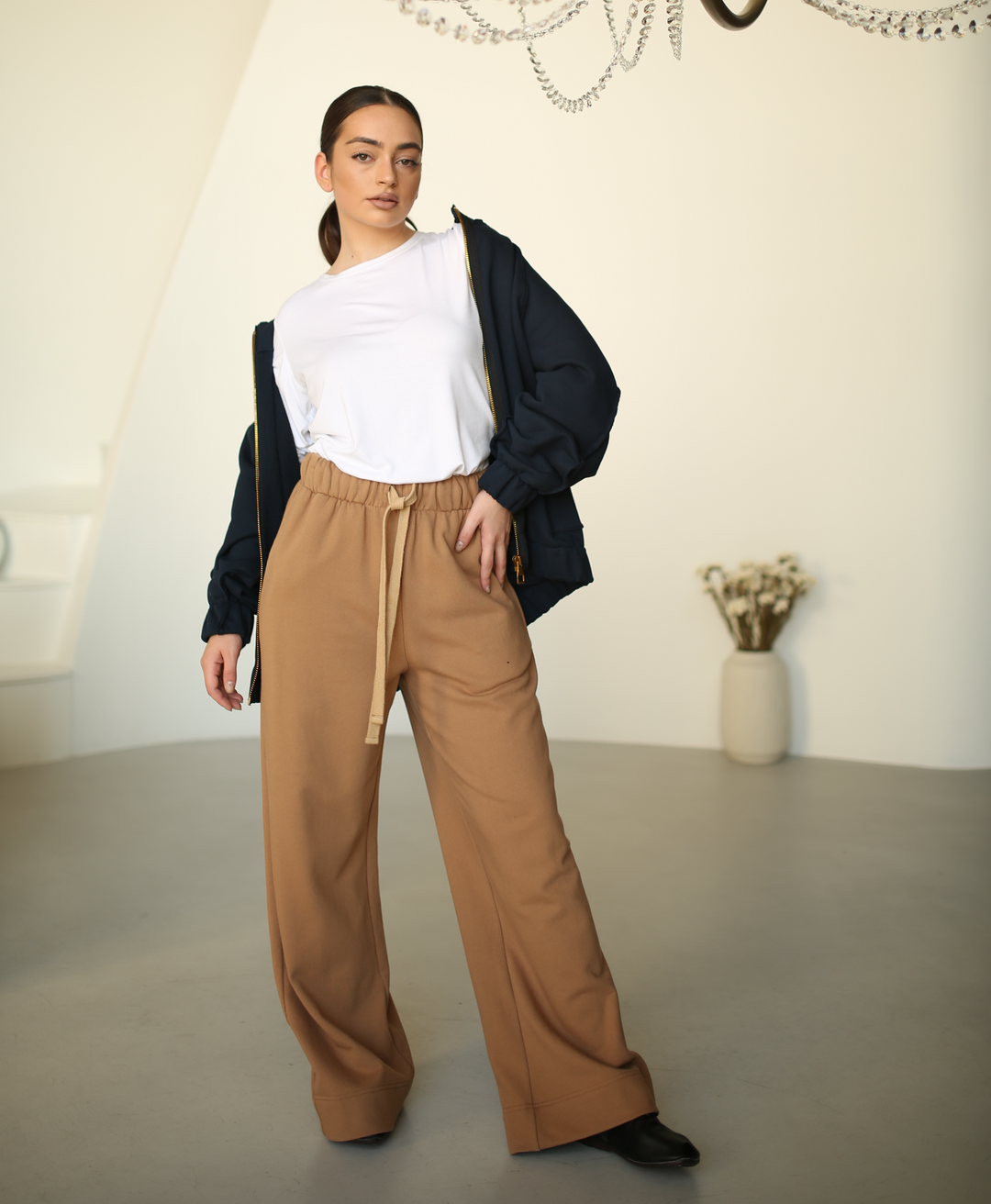 Dark bronze wide-leg french terry sweatpants