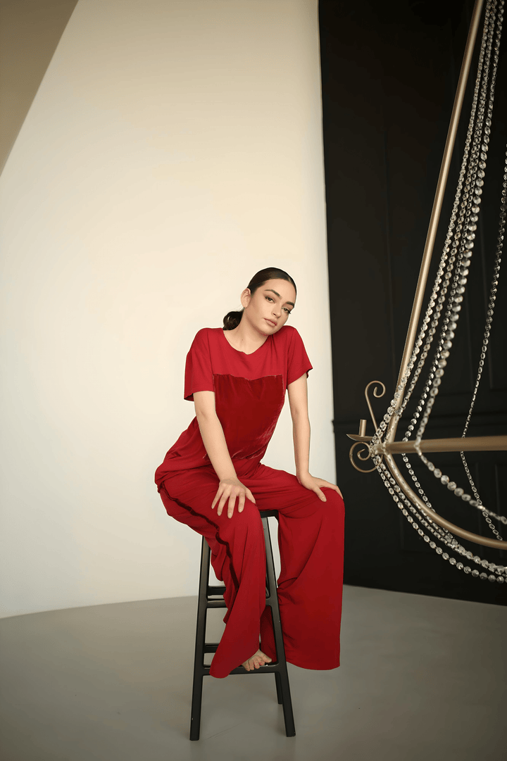 Women's burgundy top and wide-leg pants by Baleni