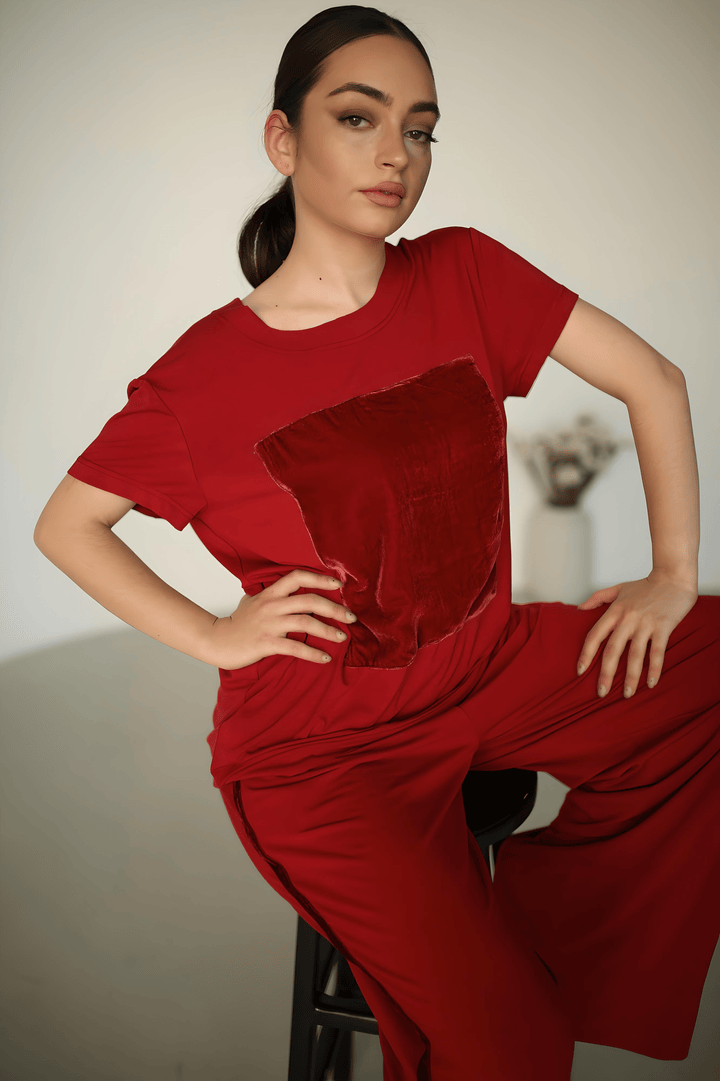 Burgundy set with silk velvet patch