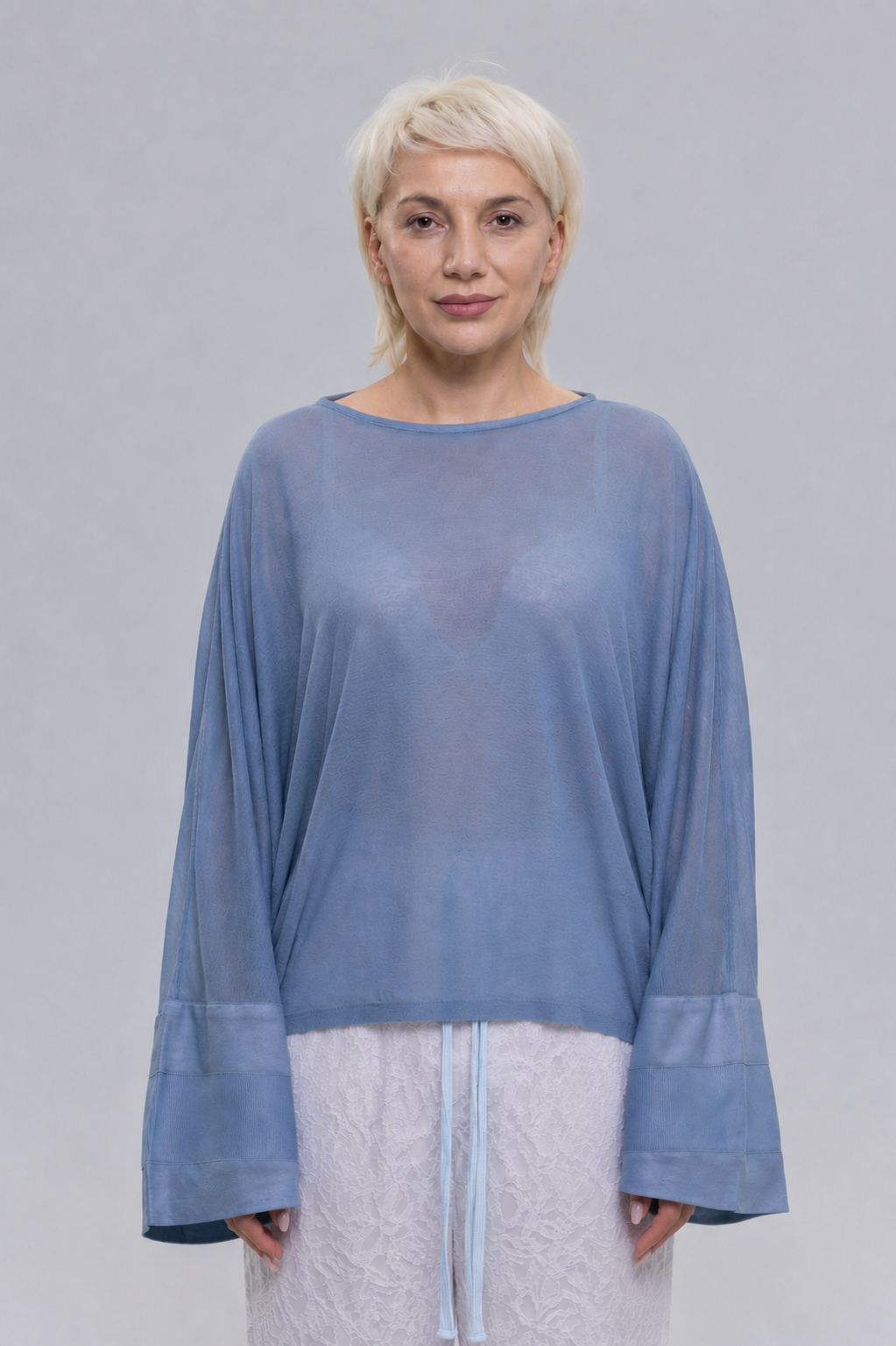 Modal Silk Jersey Knit Semi Sheer Blouse
