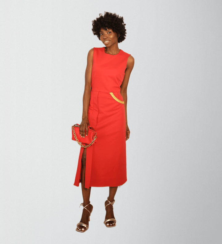 Coral red sleeveless midi dress with gold braid trim